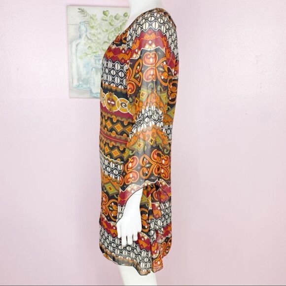 Voll Off The Shoulder Multi Print Shift Dress Split Handkerchief Sleeve Small - Picture 3 of 15